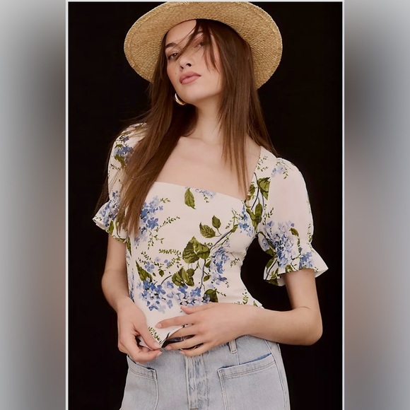 Reformation Constance Top Blue White Floral Puff Sleeve Blouse Size 12 - Picture 1 of 14